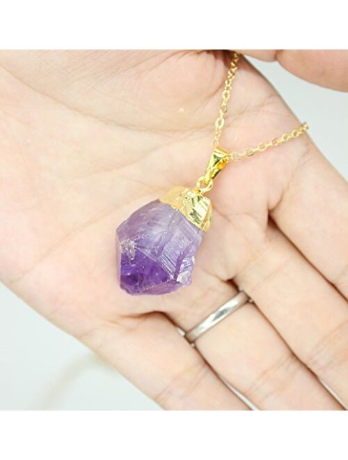 KISSPAT Unpolished Raw Amethyst Stone Pendant Necklace with 26'' Long Chain
