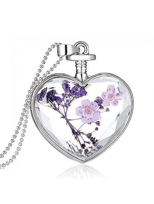 Dried Pressed Purple Flower Necklace Heart Round Shape Glass Pendant Necklace for Women Girl