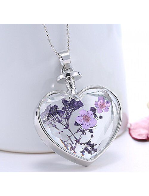 Dried Pressed Purple Flower Necklace Heart Round Shape Glass Pendant Necklace for Women Girl