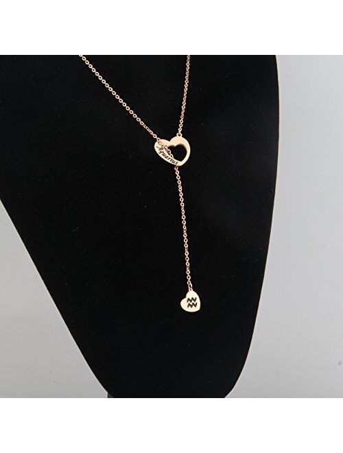ENSIANTH Rose Gold Zodiac Signs Heart Necklace Stainless Steel Lariat Y Necklace Best Birthday Gift