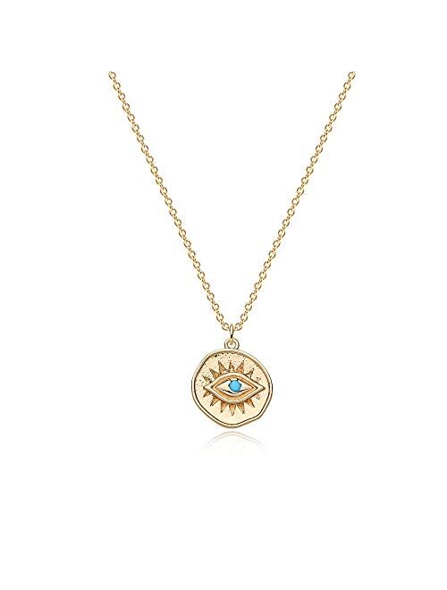 VACRONA Evil Eye Necklace for Women 18k Gold Plated Textured Disk Necklace Shark Tooth Necklace Multicolored CZ Turquoise Protection Heart Pendent Hamsa Minimallist Layer