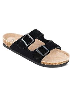 TF STAR Mens Arizona Cow Suede Leather Slide Sandals,2-Strap Adjustable Buckle,Casual Slippers, Slide Cork Footbed Shoes