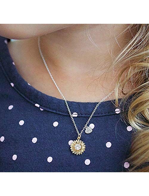 MONOZO Initial Sunflower Necklace for Women Girls, 14k Gold Plated Sunflower Necklace Pendant CZ Heart Letter Initial Necklace You are My Sunshine Gifts Sunflower Jewelry