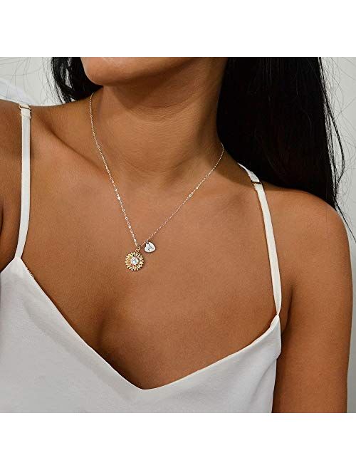 MONOZO Initial Sunflower Necklace for Women Girls, 14k Gold Plated Sunflower Necklace Pendant CZ Heart Letter Initial Necklace You are My Sunshine Gifts Sunflower Jewelry