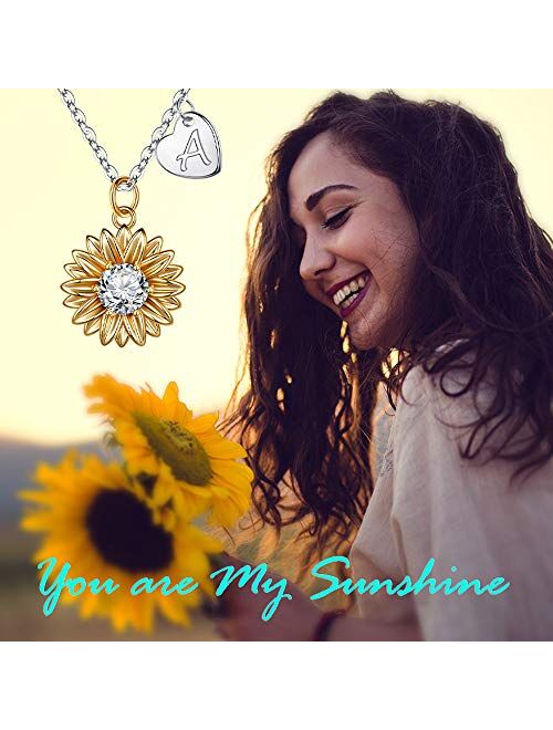 14k Gold Plated Sunflower Necklace Pendant CZ Heart Letter Initial Necklace You are My Sunshine Gifts Sunflower Jewelry for Girls MONOZO Initial Sunflower Necklace for Women Girls 