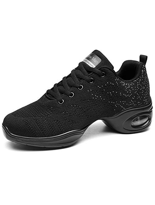Slow Man Women's Jazz Shoes Lace-up Sneakers - Breathable Air Cushion Lady Split Sole Athletic Walking Dance Shoes Platform