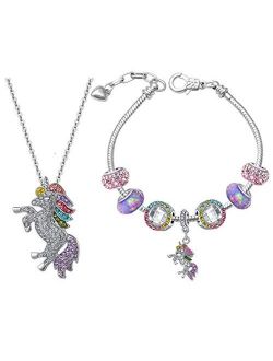 SHWIN Unicorn Gifts - Rainbow Unicorn Necklaces Charm Bracelets for Girls Women Jewelry Set