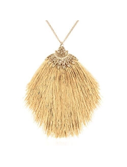 Antique Bohemian Silky Thread Fan Tassel Statement Necklace - Vintage Gold Feather Shape Strand Fringe Lightweight Long Chain