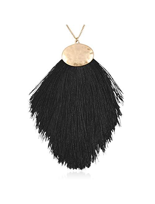 RIAH FASHION Antique Bohemian Silky Thread Fan Tassel Statement Necklace - Vintage Gold Feather Shape Strand Fringe Lightweight Long Chain