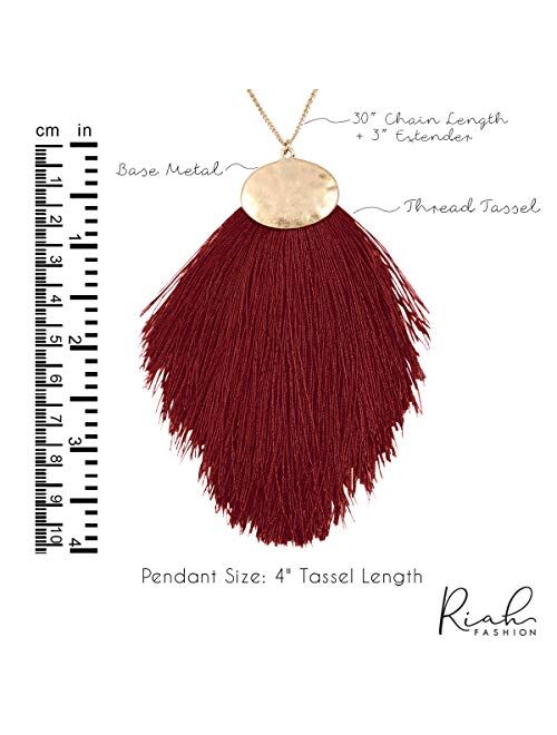 RIAH FASHION Antique Bohemian Silky Thread Fan Tassel Statement Necklace - Vintage Gold Feather Shape Strand Fringe Lightweight Long Chain