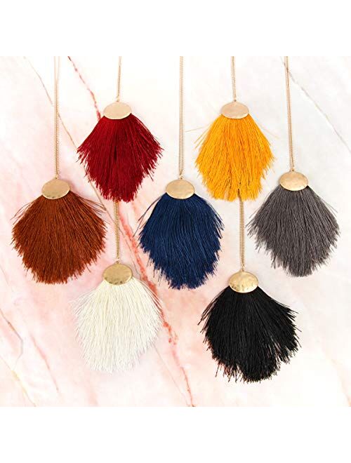 RIAH FASHION Antique Bohemian Silky Thread Fan Tassel Statement Necklace - Vintage Gold Feather Shape Strand Fringe Lightweight Long Chain