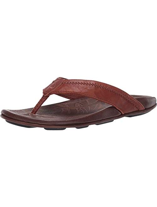 OluKai Hiapo Men's Beach Sandals, Full-Grain Leather Flip-Flop Slides, Compression Molded Footbed & Comfort Fit, Enhanced Grip Soles