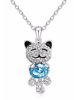 Caperci Cute Lucky Cat Swarovski Crystal Pendant Necklace - Best Christmas Jewelry Gifts for Daughter and Girls