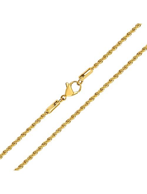 KISPER 18k Gold Over Stainless Steel Hip Hop Rope Chain Necklace 2-8mm, 14 36 inches