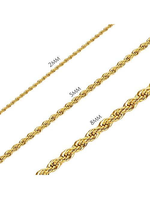 KISPER 18k Gold Over Stainless Steel Hip Hop Rope Chain Necklace 2-8mm, 14 36 inches