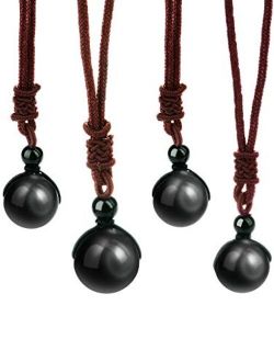 4 Pack Natural Black Obsidian Necklace Double Rainbow Eye Beads Lucky Blessing Necklace, 16 mm