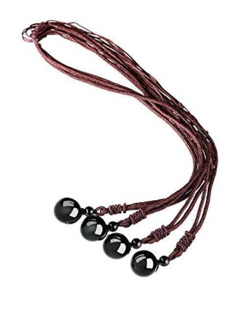 4 Pack Natural Black Obsidian Necklace Double Rainbow Eye Beads Lucky Blessing Necklace, 16 mm