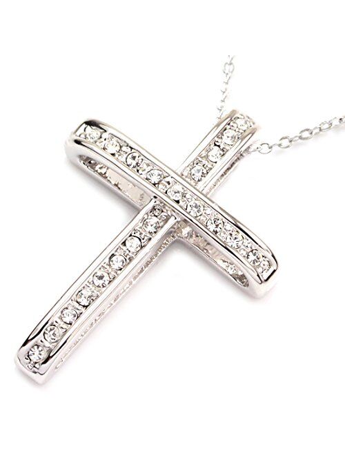 FC Jory White & Rose Gold Plated Crystal Rhinestones Cross Pendant Necklace