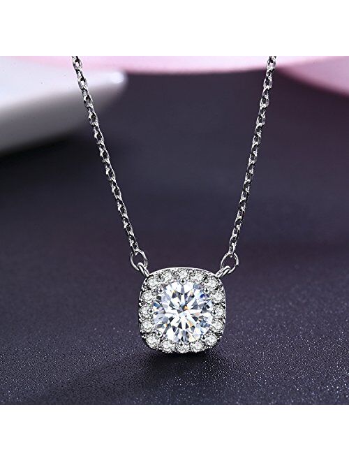 SBLING Platinum Plated Cubic Zirconia/Swarovski Cushion Shape Halo Pendant Necklace/Earrings- Gifts for Women/Girls