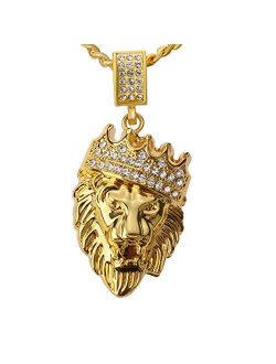 Aiyo Fashion Hip Hop Jewelry Crown Lion Head Pendant Iced Out Clear Rhinestones Curb Cuban Chain Stainless Steel Necklace