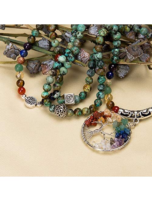 Bivei 108 Mala Beads Bracelet - 7 Chakra Tree of Life Real Healing Gemstone Yoga Meditation Mala Prayer Bead Necklace