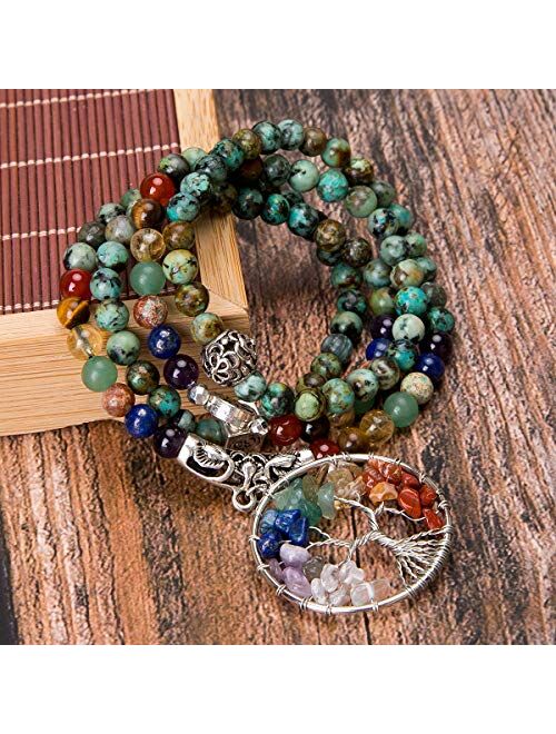 Bivei 108 Mala Beads Bracelet - 7 Chakra Tree of Life Real Healing Gemstone Yoga Meditation Mala Prayer Bead Necklace