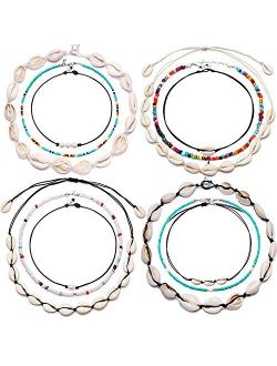 HiRinK 12 Pieces Shell Choker Shell Necklace Handmade Boho Rainbow Seed Beads Choker Adjustable for Women Girls