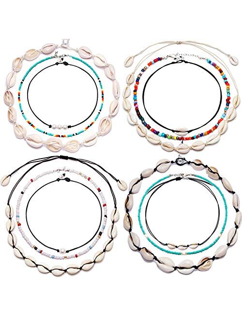 HiRinK 12 Pieces Shell Choker Shell Necklace Handmade Boho Rainbow Seed Beads Choker Adjustable for Women Girls