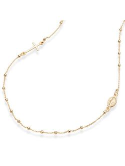 18K Gold Over Sterling Silver Italian Rosary Beaded Sideways Cross Necklace, Link Chain 16, 18, 22 Inch for Women Teen Girls 925 Italy