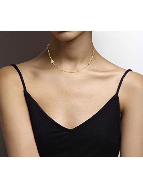 Miabella 18K Gold Over Sterling Silver Italian Rosary Beaded Sideways Cross Necklace, Link Chain 16, 18, 22 Inch for Women Teen Girls 925 Italy