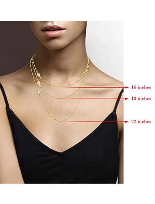 Miabella 18K Gold Over Sterling Silver Italian Rosary Beaded Sideways Cross Necklace, Link Chain 16, 18, 22 Inch for Women Teen Girls 925 Italy