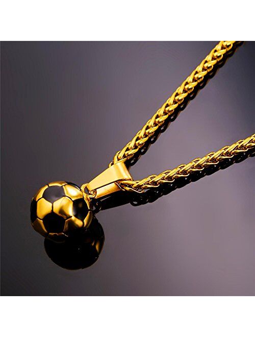 U7 Soccer/Basketball/Rugby/Tennis Racket Necklace Stainless Steel/18K Gold Plated Spiga Chain & Pendant,Men Boys Jewelry