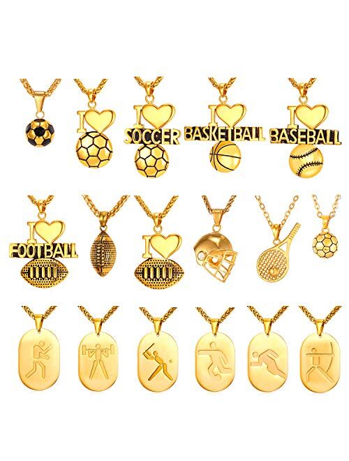 U7 Soccer/Basketball/Rugby/Tennis Racket Necklace Stainless Steel/18K Gold Plated Spiga Chain & Pendant,Men Boys Jewelry