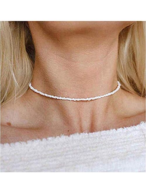 Puka Shell Necklace Hawaiian White Turquoise Bead Choker Beach Necklace for Women Girls (White Bead)