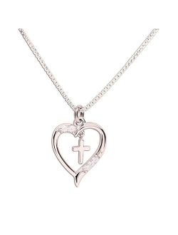 Girl's Sterling Silver First Communion"Dancing Cross" Heart Necklace