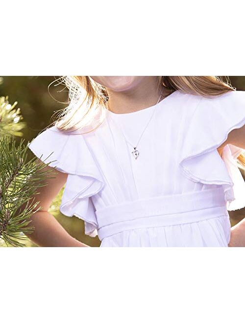Girl's Sterling Silver First Communion"Dancing Cross" Heart Necklace