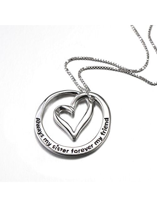 S925 Sterling Silver Always My Sister Forever My Friend Love Heart Pendant Necklace Bff Gift for Women Teen Girls