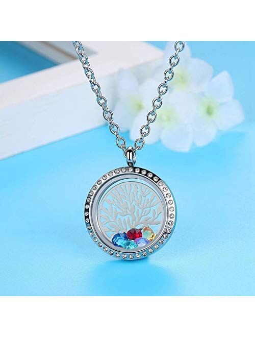 Birthstone Family Tree of Life Necklace, Floating Charm Living Memory Locket with 24 Birthstone & 2 Family Tree Plate DIY Pendant Gifts