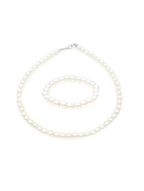 JSEA 8mm Faux Pearl Necklace Elastic Bracelet Jewelry Set Beige White Pink Fake Pearl Jewelry