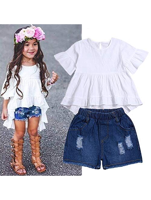 Girl Clothes Little Kids Short Sets Cotton Casual Coat Jeans 2 Pcs Pants Sets