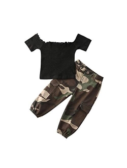 2Pcs Kids Toddler Baby Girls Off Shoulder T-Shirt Tops+Long Pants Outfit Clothes Set