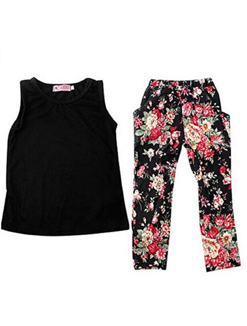 Jastore Girls Sets 3PCS Sleeveless Shirt/Tops + Floral Pants + Headband Clothes