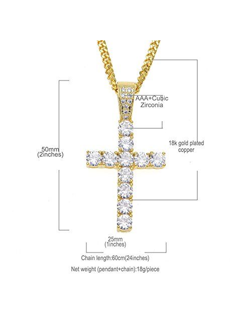 MCSAYS Hip Hop Jewelry Iced Out Bling Full Crystal Cross Pendant Golden Cuban Chain Religious Christian Necklace Fashion Accessories for Men/Women Gifts