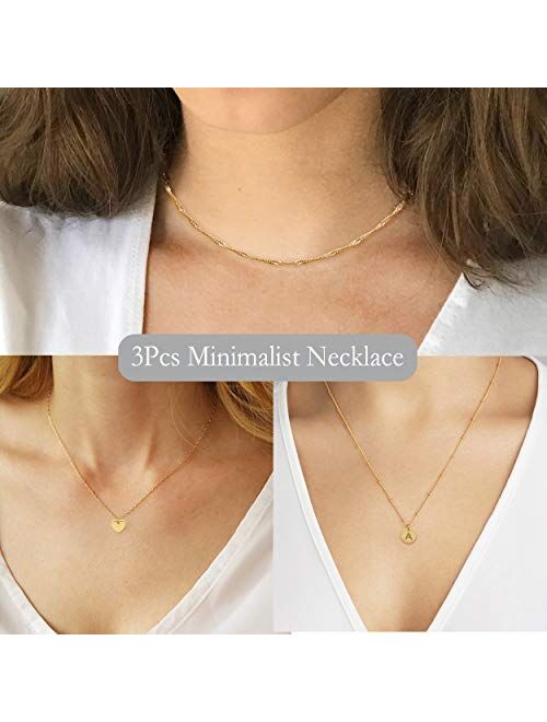 Dainty Layered Initial Choker Necklaces Handmade 14K Gold Plated Personalized Letter Name Disc Heart Pendant Adjustable Layering Gold Chain Necklaces for Women Girls Gift