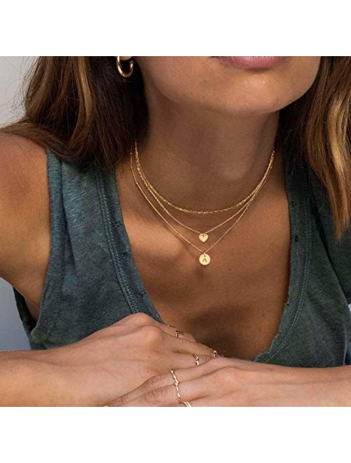 Dainty Layered Initial Choker Necklaces Handmade 14K Gold Plated Personalized Letter Name Disc Heart Pendant Adjustable Layering Gold Chain Necklaces for Women Girls Gift
