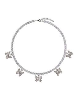 Butterfly Necklace Tennis Chain Butterfly Choker Bling Iced Cubic Zirconia CZ Butterfly Necklace Silver Girls Women