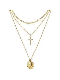 NUZON Layered Necklace 14K Gold Plated Chain Choker Simple Cute Coin/Lock Key Pendant Gold Necklaces for Women