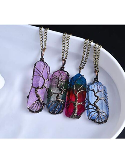 Abitoncc Natural Irregular 7 Chakra Gemstone Tree of Life Copper Wire Wrapped Quartz Healing Crystal Pendant Classic Necklace