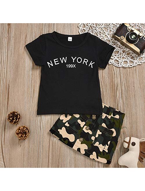 Toddler Baby Girls Camouflage Outfit Black Letter Tops T-Shirt + Skirt Dress Shorts Summer Two Piece Clothes Set