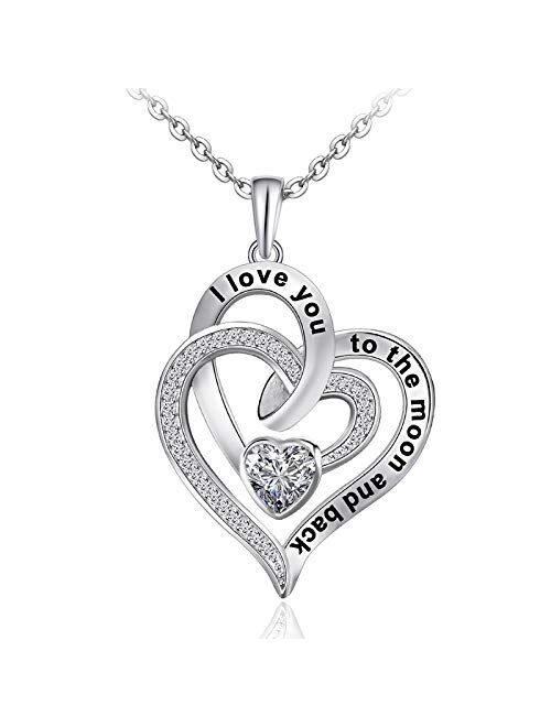 Distance Heart Necklace for Women 925 Sterling Sliver Heart Jewelry I Love You to The Moon and Back Necklaces for Mother Girlfriend Wife with Jewelry Gift Box